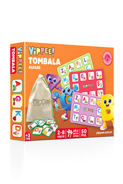 YİPPEE Çocuk Tombala – Alfabe Temalı | Ham Bez Kese | 8 Tabla | 40 Pul (60 Pa...