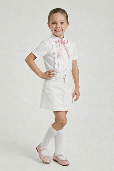 nacar çarşı Devojčina ružičasta košulja sa mašnom i bijelim volanima, bela La...