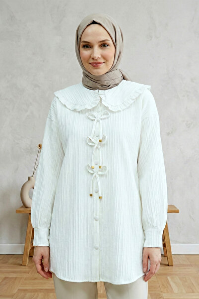 FERHEL Women's Ribbon Detailed Buttoned Baby Collar Hijab Tunic - White