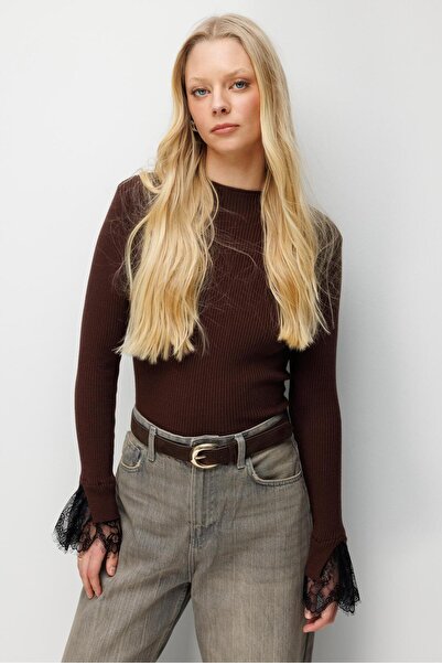 Mixray 7024 Women's Lace Sleeve Ribbed Sweater Brown