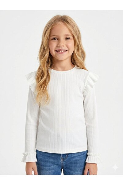 Kalyoncu Butik Kız Çocuk Beyaz Bilek Fırfırlı Ribana Uzun Kollu Yumuşak Dokul...