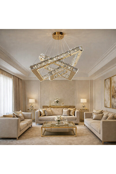 TREND 50x35x25 KARE 3 KATLI GOLD KRİSTAL AVİZE