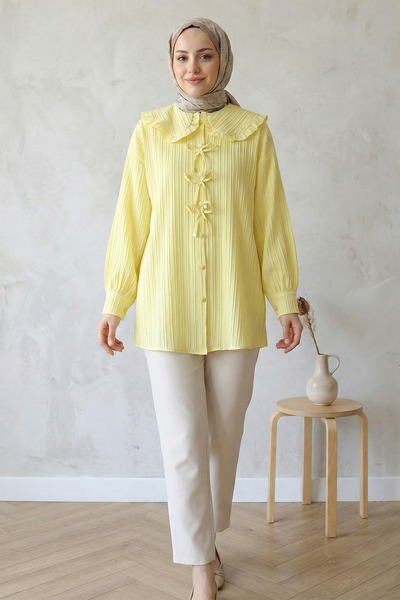 FERHEL Women's Ribbon Detailed Buttoned Baby Collar Hijab Tunic - Light Yellow