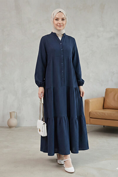 FERHEL Women's Half Button Sleeve Elastic Paneled Muslin Fabric Dress - Navy ...