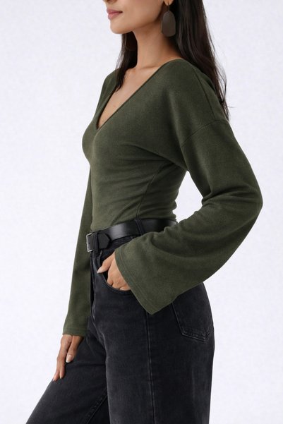Tarz Cool Women's V-Neck Long-Sleeve Waist-Fitted Blouse