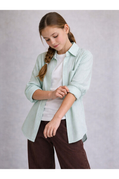 Victor and Jane Girls’ Oversized Striped Shirt – Button-Down with Chest Pocke...