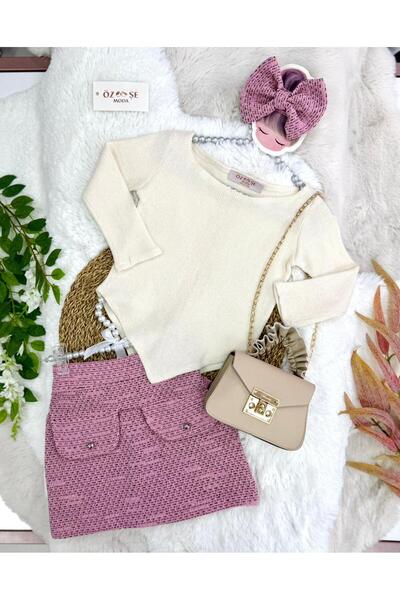 ÖZSEMODA Pink Boat Neck Triangle Blouse Tweed Skirt Set