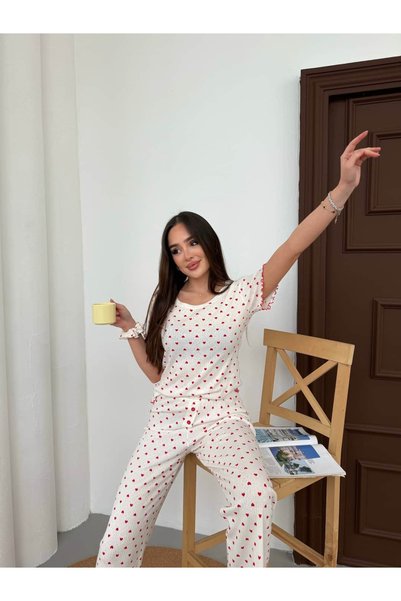 FREEWİSE 100% Pure Cotton Short Sleeve Women's Pajama Set