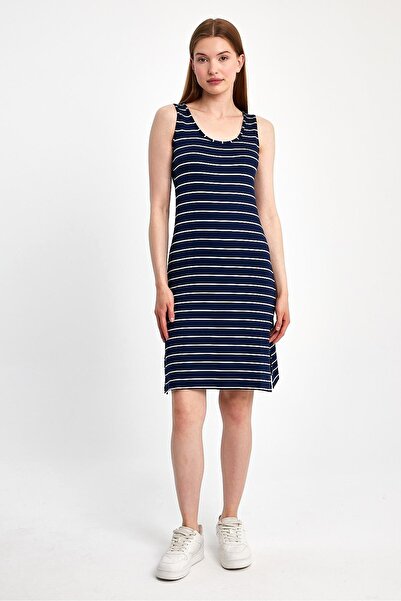 ihraç pazarı Women's Striped Slit Sleeveless Dress Navy Blue Midi Casual Summ...