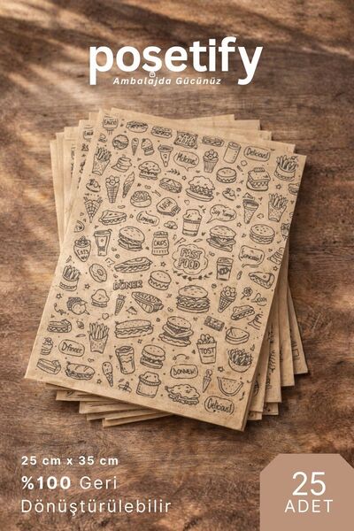POŞETİFY Yağlı Sunum Kağıdı 25x35 Cm | Fast Food Desenli | 25 Adet | Servis K...
