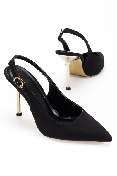 BY BERLE SHOES Women's Black Fabric Gold Heel Detailed Open-Back Heeled Shoes