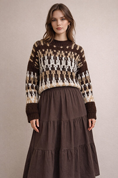 FERHEL Three-color patterned thick knit sweater - coffee