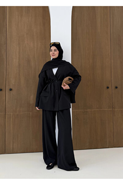 MODA AKSA 6003 Fularlı blazer ceket takım SİYAH