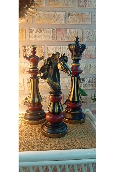 PİNARSPAİNTSHOP Şah Vezir At Siyah Satranç Takımı Biblo 3'lü Dekoratif Biblo