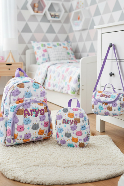 Hevi Kids HeviKids Kişiye Özel İsimli 3'lü Çocuk Çanta Seti - Renkli Kediler