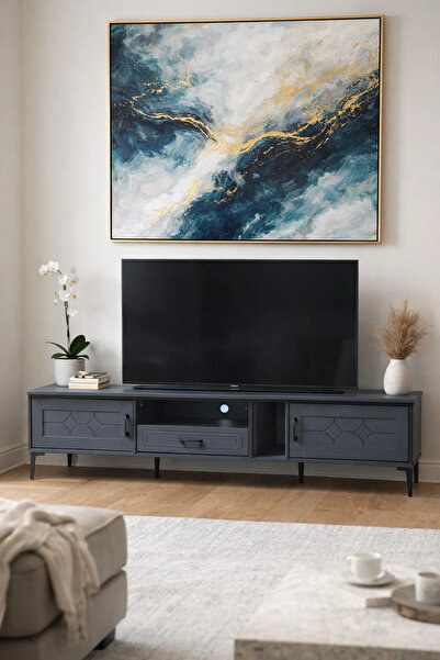 MARIA HOMES Dark Grey TV Unit 200cm Wide Modern Media Cabinet with Geometric ...