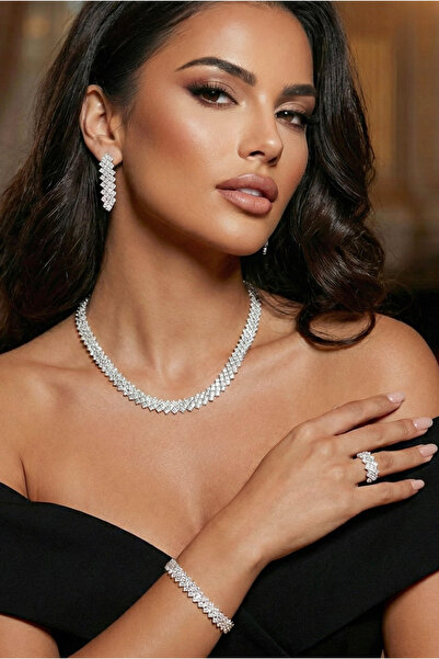 Happyline Gümüş Kaplama Zirkon Taşlı Pırlanta Modeli Küpe Kolye Yüzük Bilekli...