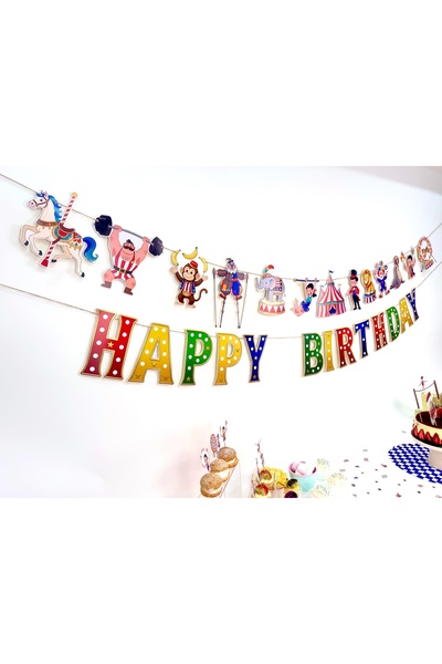 Flu Party لافتة مكتوبة بعبارة "عيد ميلاد سعيد" بتصميم السيرك