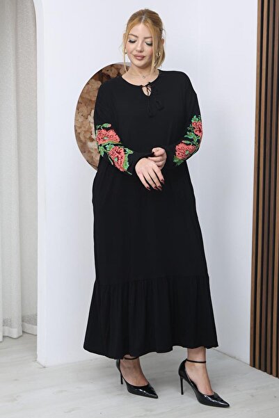 Siyezen Plus Size Dress with Floral Embroidery Detail on the Sleeves