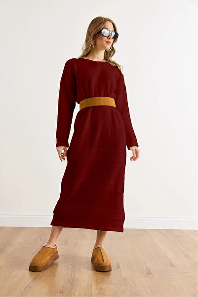 Olalook Women's Burgundy Crew Neck Maxi Knitwear Dress Elb-19002549