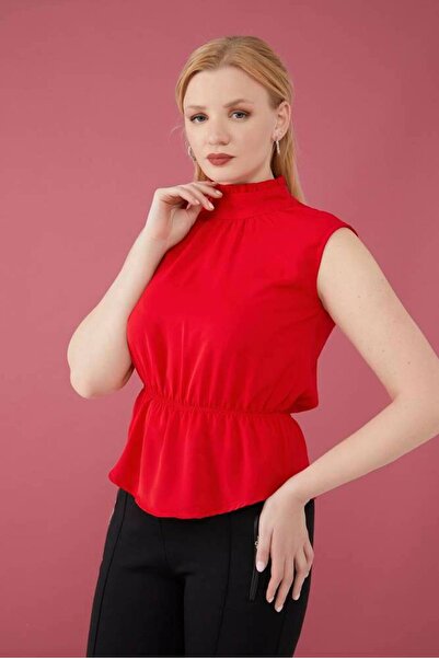 Stylihs Elegant red blouse with a high neck