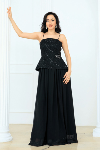 BEYBOS Μακρύ φόρεμα με σχέδιο σιφόν από πάνω-προς-κάτω - ΜΑΥΡΟ