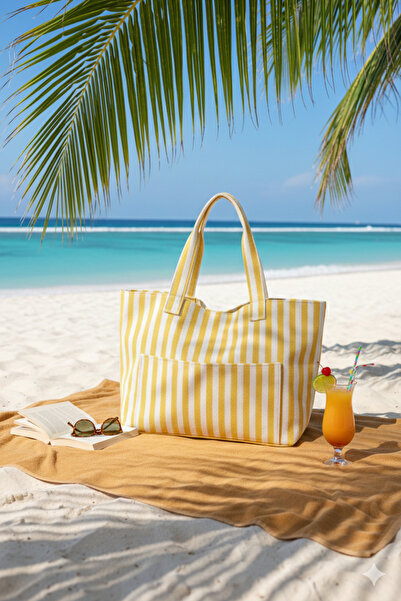 Simfa Women's Colorful Cotton Woven Magnetic Striped Lined Beach Bag