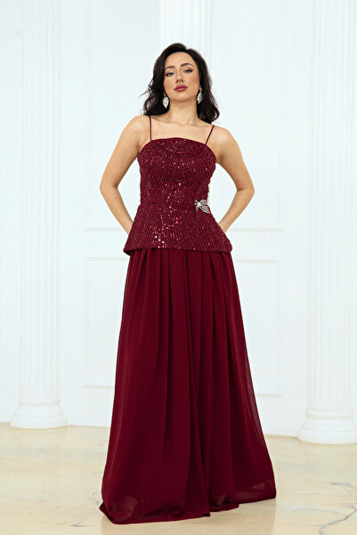 BEYBOS Rochie de designer cu partea de sus din țesătură cu mărgele și partea ...