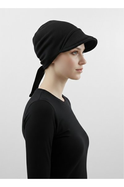 elysianfidan Medical Suitable Black Cotton Combed Cotton Visor Cap with Pleated Back Tie