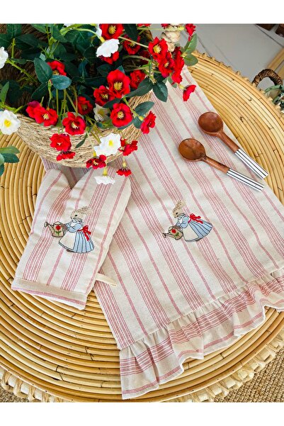 HOME OF BLOSSOM Red Pinstripe Embroidered Oven Cover + Oven Mitt
