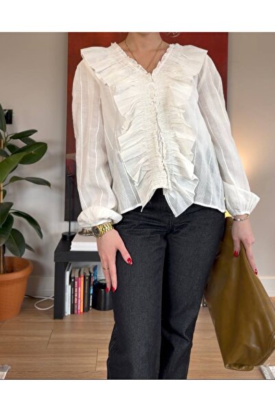 MELİSOUTLET Fırfırlı v yaka gömlek