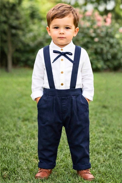 Globaby 2-Piece Long Sleeve Men's Suit with Ribbon Bow Tie and Salopet