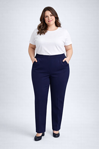cheen Women's Navy Blue Plus Size Elastic Waist Piped Leg Trousers