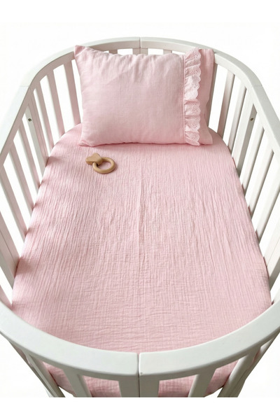 Pufuduk Baby Luxury Scallop Embroidered 100% Cotton 2-Layer Muslin Elastic Baby Sheet and Pillow Set 70X120 cm - Pink