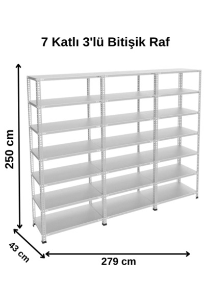 ALANRAF 7 Katlı 3'lü Bitişik Galvaniz Çelik Raf - Depo, Arşiv, Kiler, Dosya, ...