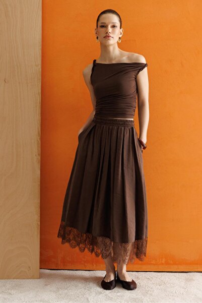 Mixray 4806 women's lace detailed modal skirt coffee