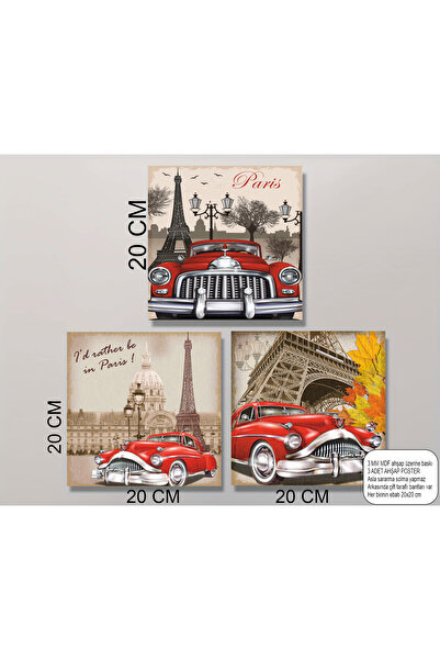 Hayat Poster France Paris Eiffel Tower Classic Cars Mdf Painting Set Triple R...