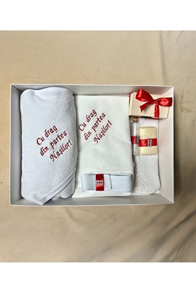 Botez Trusou brodat pe prosop si panza Cu drag din partea nasilor – rosu , bu...