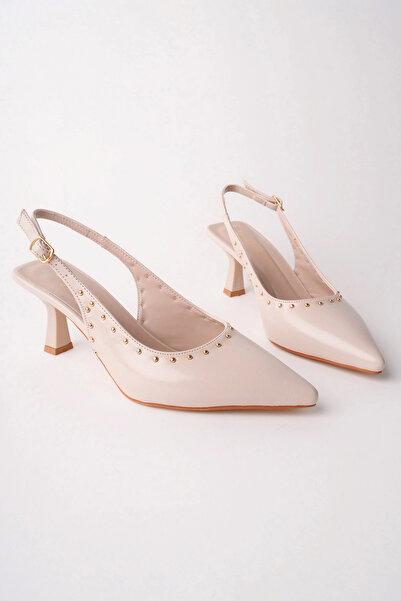 bakacstore Pantofi cu toc pentru femei, bej, cu detalii cu ținte și vârf ascuțit