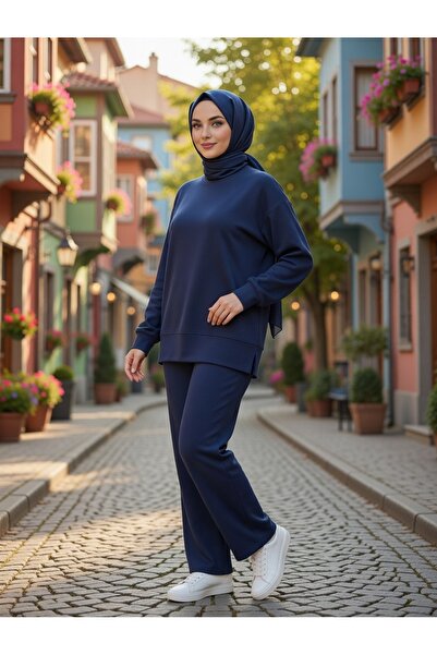 MEBA Women's Islamic Clothing Crew Neck Tunic with Side Slits Top and Bottom Set