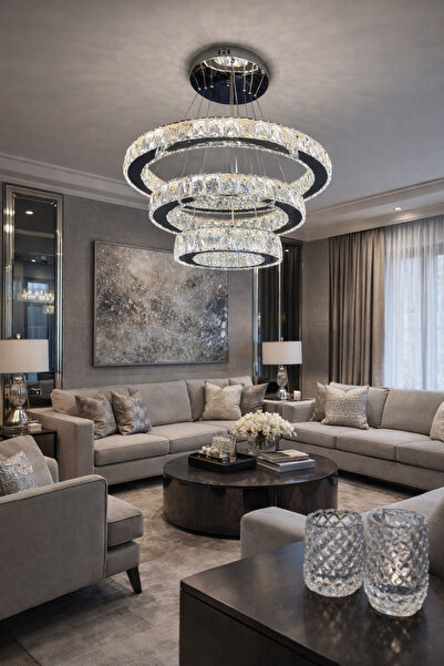 TREND 60x45x30 DAİRE GÜMÜŞ MODERN KRİSTAL AVİZE