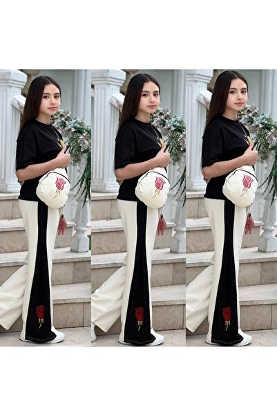 Lucky kidswear GÜL DETAYLI TAŞ İŞLEMELİ ÇANTALI PENYE KIZ TAKIMLAR