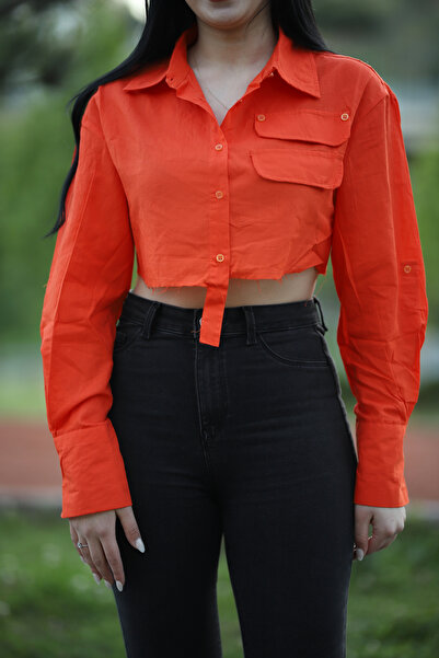 Rabona Fashion Çift Cep Detaylı Crop Kadın Gömlek