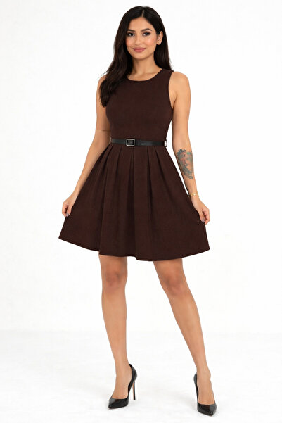 kikiriktekstil 10968 Women's Belt Detailed Pleated Mini Dress