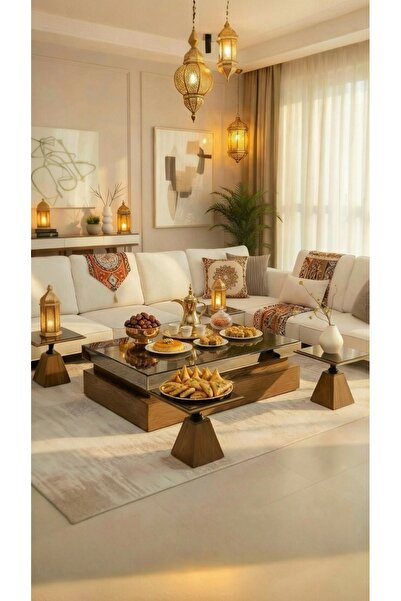 terndat طقم طاولات سطح مراية ارضي مع 4 خدمة لون بني