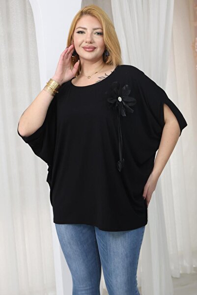 Siyezen Plus Size Oversized Blouse with Floral Brooch