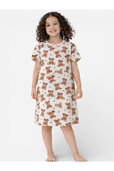 Victor and Jane Girls’ Nightdress – All-Over Teddy Print Sleep Tee Dress