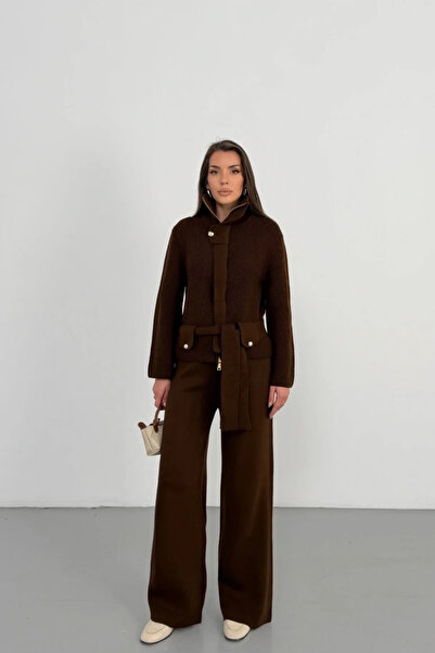 Lusin Women's Bitter Brown High Collar Belted Premium Quality Knitwear Cardig...