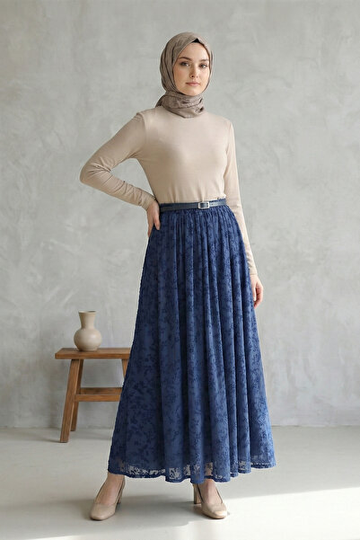 FERHEL Women's Lined Belted Embossed Patterned Hijab Skirt - Navy Blue