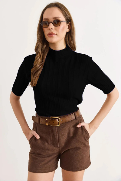 Olalook Women's Black High Neck Thick Ribbed Short Sleeve Knitwear Blouse Blz...